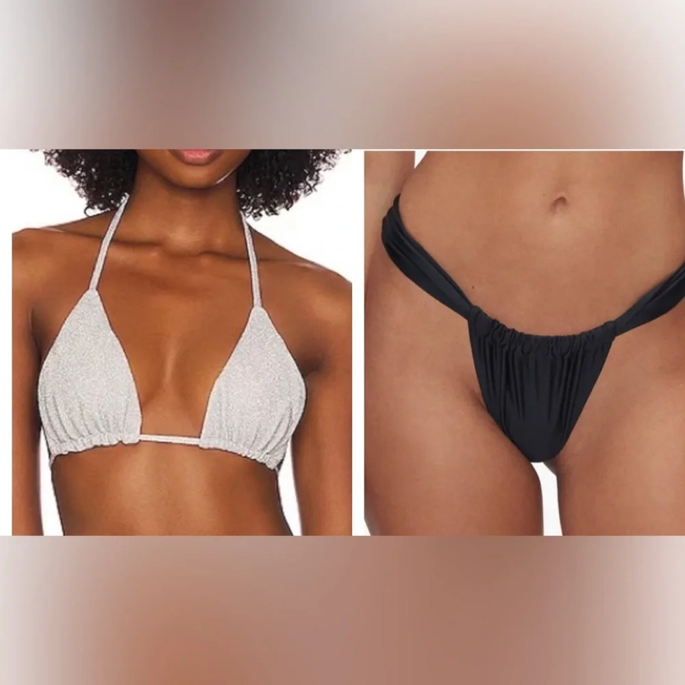 Good American Bali Ruched Swim Bikini Bottom Black silver top 2 M SW01